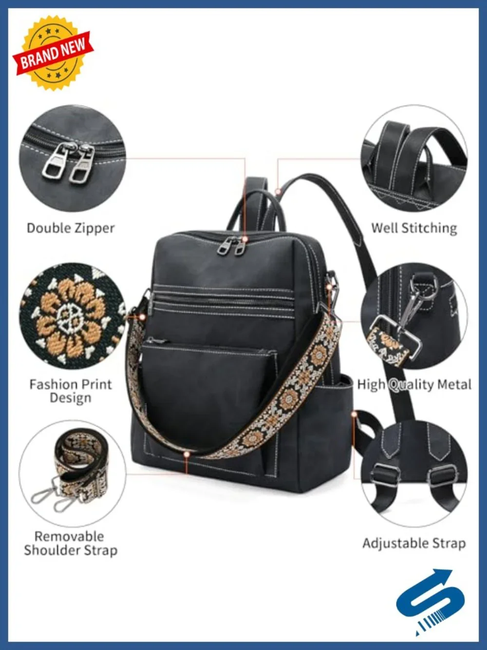 PU Leather Travel Backpack Purse Convertible Shoulder Bag Multi-Pocket Handbag